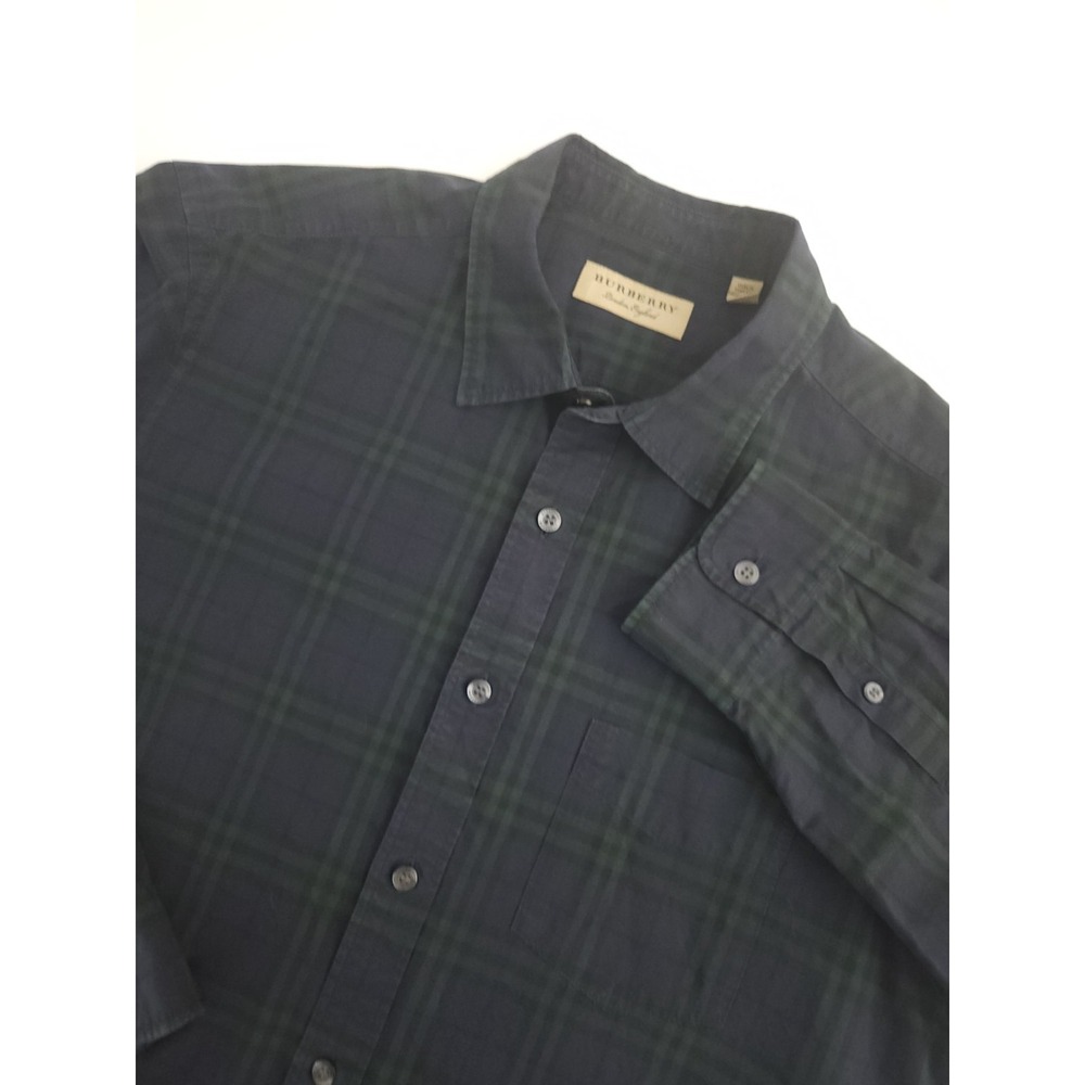 Burberry London Men's Long Sleeve Plaid Button Up Cotton Shirt Blue Large